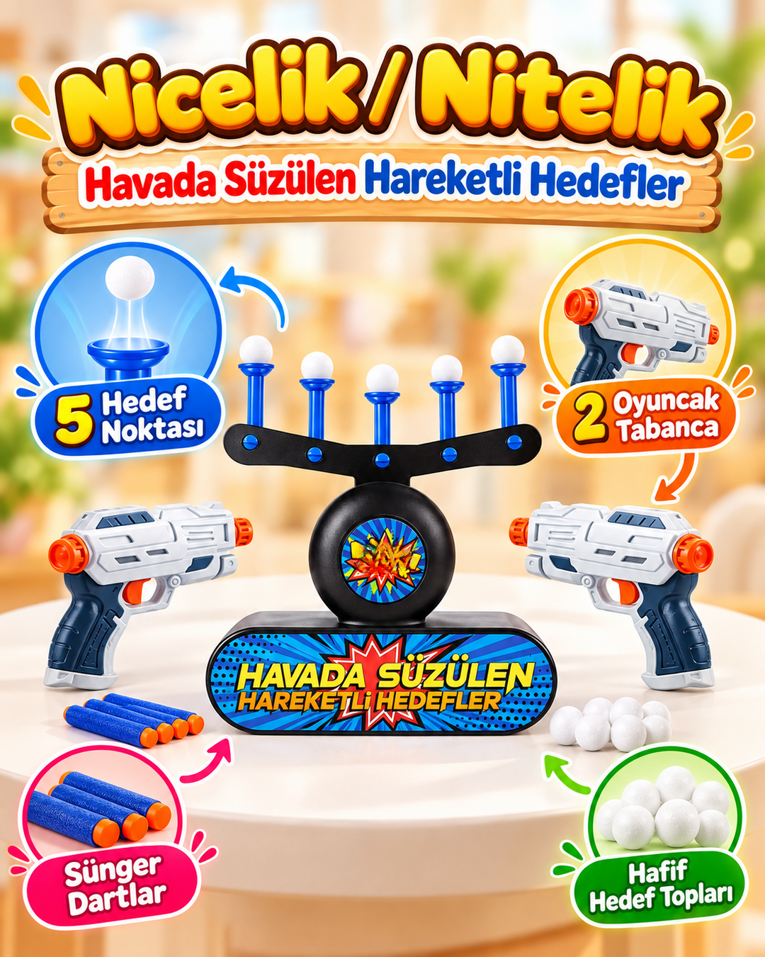 Havada Süzülen Hedef Vurma Oyunu - 2 Tabancalı Sünger Dart Seti